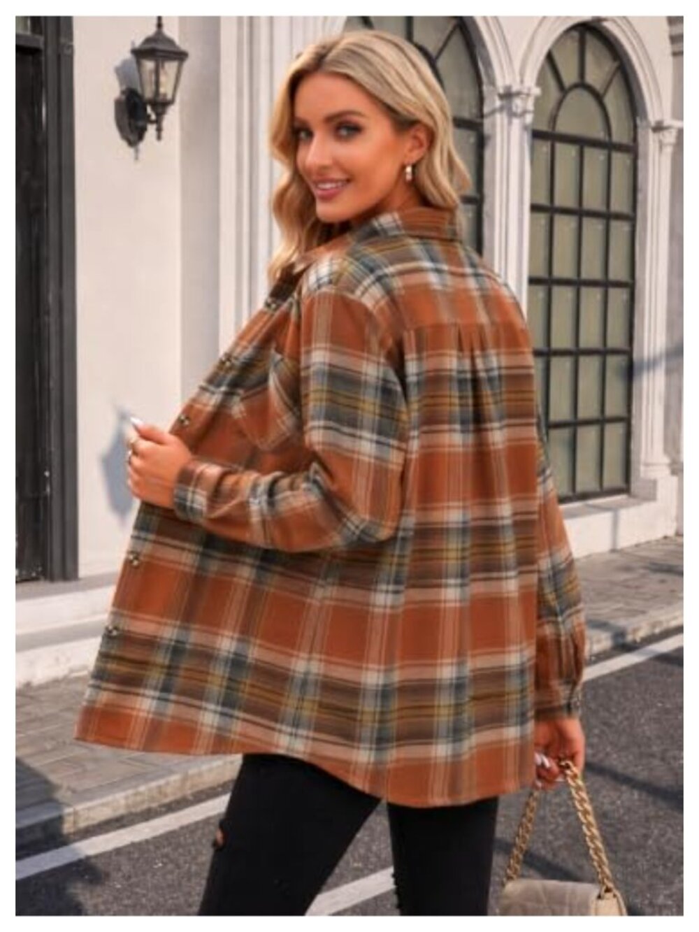 Women's Lightweight Flannel Plaid Long Sleeve Button Down Oversized Shirt - Picture 4 of 6